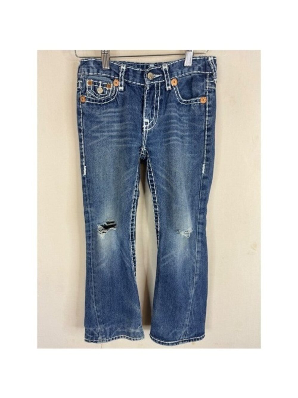True Religion Boys Blue Big T Contrast Stitch Distressed Jeans Size 10 USA 24x23